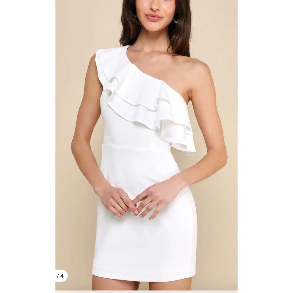 NWT Lulus Enticing Behavior White Ruffled One-Shoulder Mini Dress Sz L